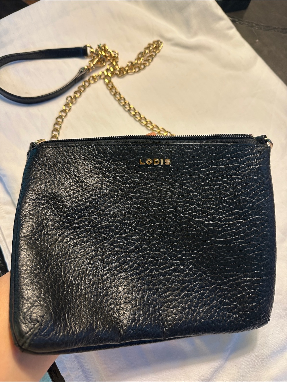 Lodis Black Pebble Leather Crossbody with Gold Chain Strap